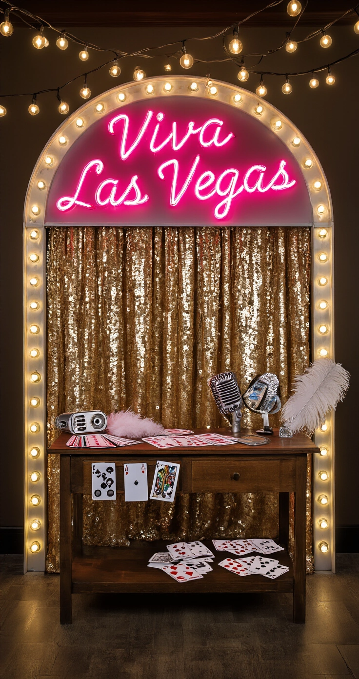 Retro Vegas Wedding Ideas That Actually Work (No Cheesy Stuff, I Promise) A retro Vegas photo booth corner featuring a 'Viva Las Vegas' neon sign, sequin curtains, a vintage prop table with oversized sunglasses and boas, photo booth strips on display, and warm Edison lights in a dimly lit reception space.
