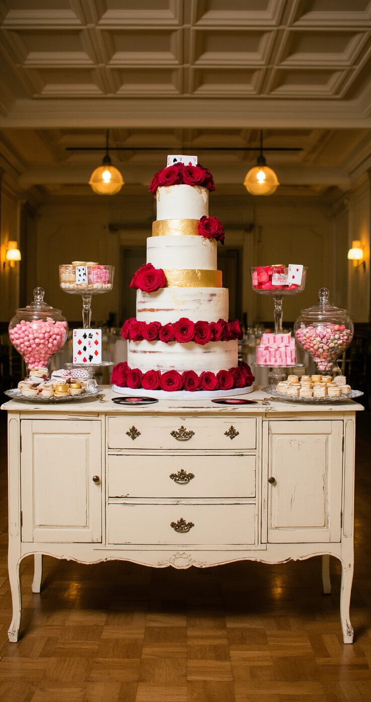 Retro Vegas Wedding Ideas That Actually Work (No Cheesy Stuff, I Promise) A mid-century modern wedding dessert table featuring a three-tiered naked cake with fresh red roses, glass apothecary jars of vintage candies, and crystal cake stands with petit fours, set in a vintage hotel ballroom with a coffered ceiling, illuminated by warm spotlights and Edison bulbs.