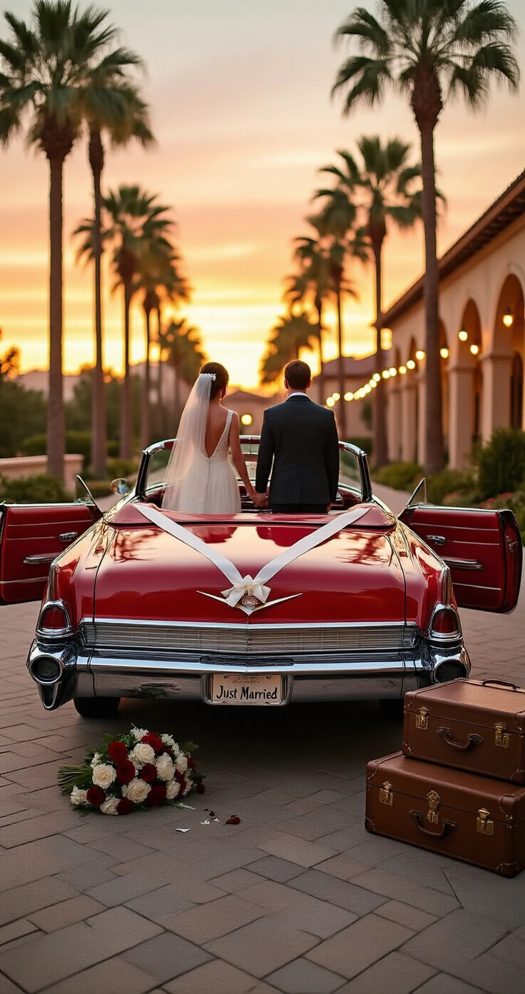 Retro Vegas Wedding Ideas That Actually Work (No Cheesy Stuff, I Promise) A restored 1962 candy-apple red Cadillac convertible parked on a palm-tree-lined hotel driveway decorated with white ribbons and roses, with a couple in silhouette beside the car against a vibrant sunset sky, warm string lights glowing in the background, vintage suitcases stacked near the rear wheel, and a neon-style 'Just Married' sign resting on a whitewall tire.
