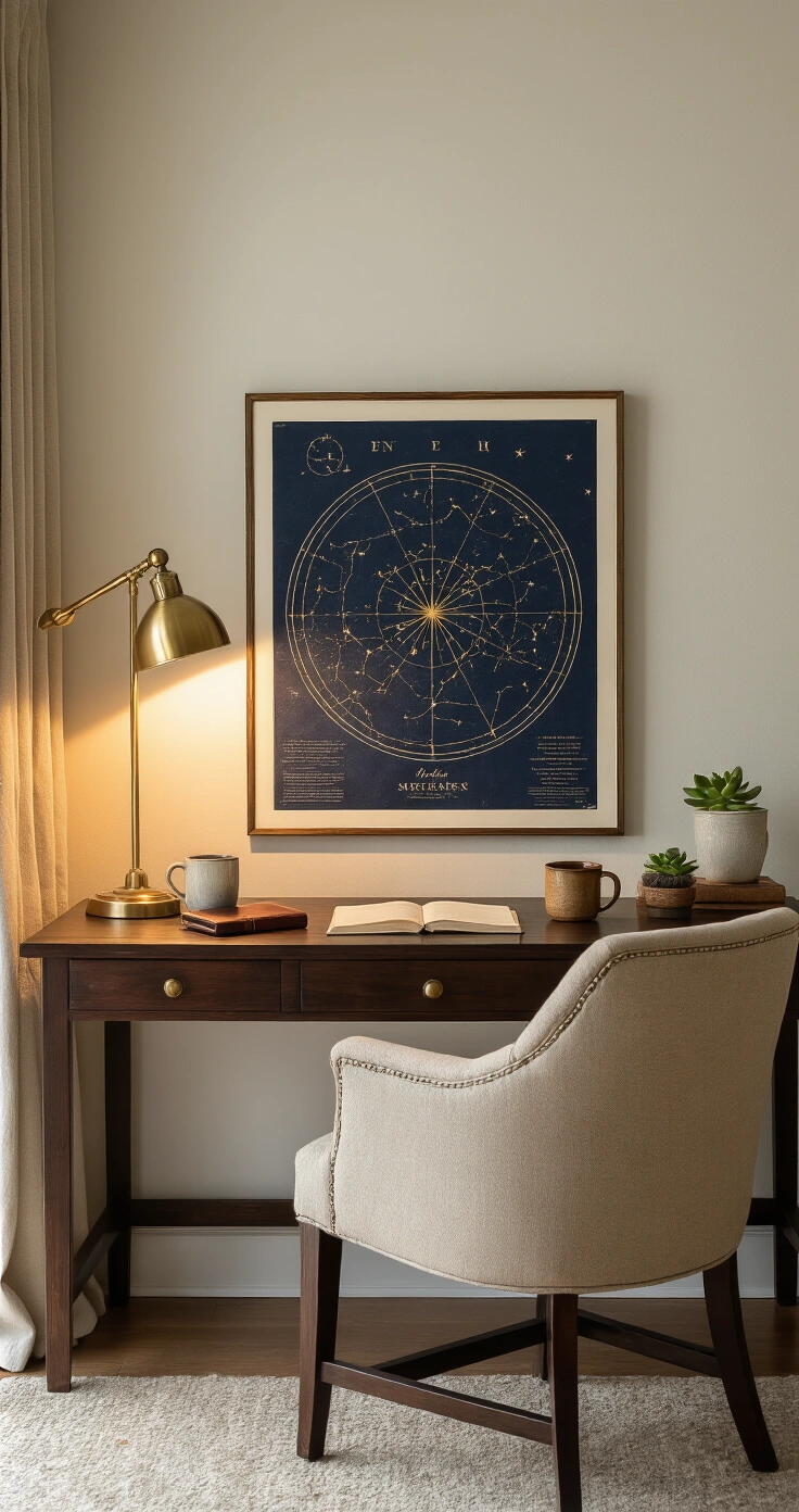 Romantic Gifts for Your Boyfriend That'll Actually Make Him Feel Special A warmly lit home office corner at golden hour features a dark walnut desk against a cream-white wall, with a brass swing-arm lamp illuminating a framed star map in navy and gold. The desk holds a leather-bound journal, a ceramic mug, and a small succulent, complemented by textured linen curtains and a charcoal herringbone rug.