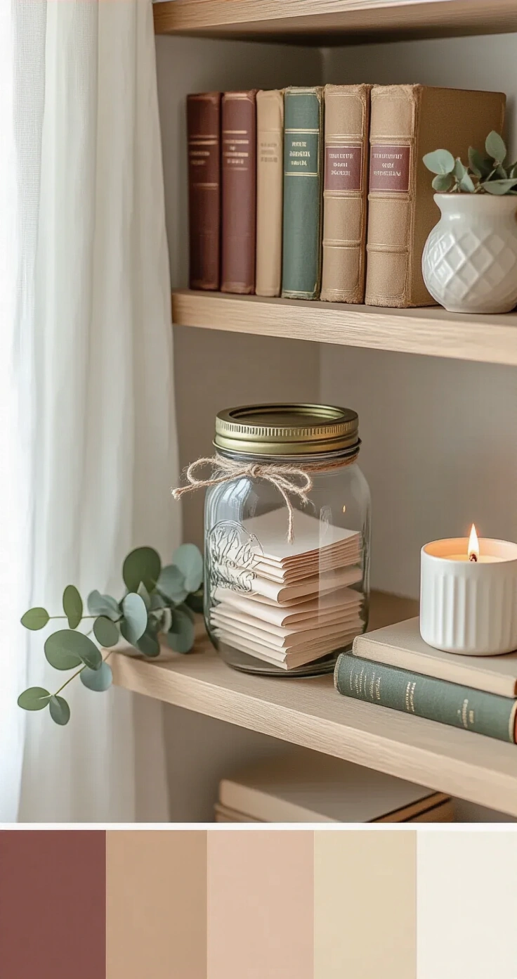 Romantic Gifts for Your Boyfriend That'll Actually Make Him Feel Special A cozy living room bookshelf vignette featuring a large mason jar filled with pale blush and cream notes, surrounded by stacked vintage books in burgundy and green, a dried eucalyptus bundle, and a flickering candle, all bathed in soft morning light.