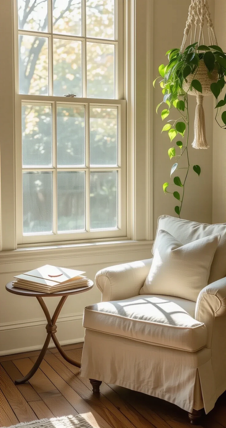 Romantic Gifts for Your Boyfriend That'll Actually Make Him Feel Special A sunlit writing nook featuring a cream linen armchair, a side table with an open stationery set and sealed envelopes, and a trailing pothos plant, all captured in warm, diffused natural light.
