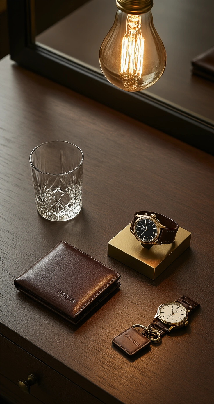 Romantic Gifts for Your Boyfriend That'll Actually Make Him Feel Special Masculine bedroom dresser scene featuring a smooth dark espresso wood surface, showcasing an open engraved leather wallet, an elegant mechanical watch on a minimalist brass stand, a personalized keychain, and a whiskey tumbler, all illuminated by warm overhead Edison bulb light, with a partial reflection in a frameless mirror.