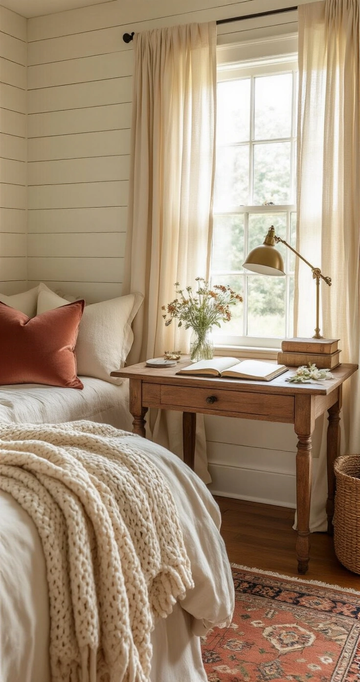 Romantic Gifts for Your Girlfriend: Ideas She'll Actually Love (Not Just Tolerate) A cozy bedroom scene at golden hour, featuring cream-painted shiplap walls, oak hardwood floors, and a rustic writing desk with an open leather journal and handwritten notes. Soft amber light filters through sheer linen curtains, highlighting textured layers of an ivory chunky knit throw, dusty rose and sage velvet cushions, and a muted terracotta Persian-style rug, with wildflowers in a glass vase adding a personal touch.