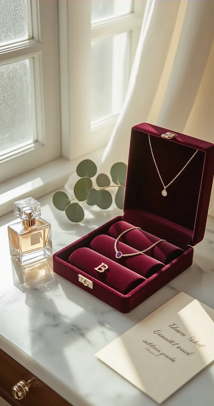 Romantic Gifts for Your Girlfriend: Ideas She'll Actually Love (Not Just Tolerate) A luxurious jewelry display in a sun-drenched dressing room features a velvet-lined tray with a gold necklace, rose gold bracelet, and initial pendant, set against white marble countertops and polished chrome fixtures, with a crystal perfume bottle and eucalyptus sprigs nearby.