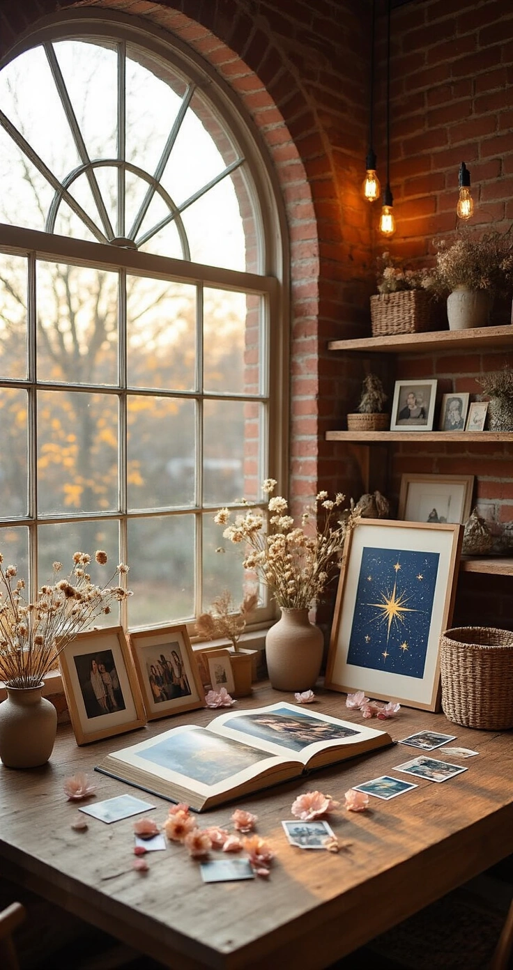 Romantic Gifts for Your Girlfriend: Ideas She'll Actually Love (Not Just Tolerate) A cozy home office corner featuring exposed brick walls and reclaimed wood shelving, with warm afternoon light illuminating a farmhouse table displaying an open photo album, a star map print, scattered Polaroids, vintage stamps, and dried flower petals, all framed by Edison bulb string lights for a nostalgic and sentimental atmosphere.