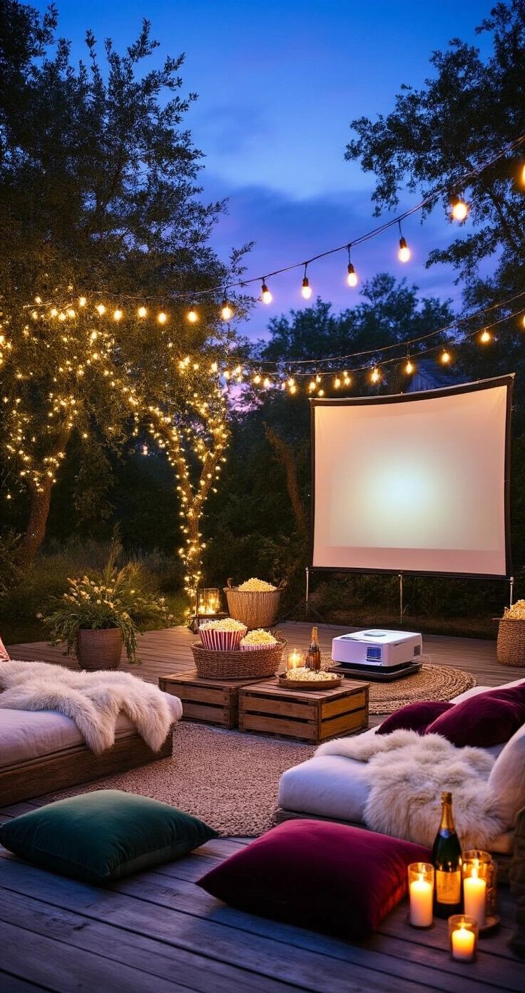 Romantic Gifts for Your Girlfriend: Ideas She'll Actually Love (Not Just Tolerate) An intimate outdoor cinema setup in a backyard at blue hour, featuring a weathered wooden deck surrounded by fairy-lit trees, a portable projector casting a glow onto a white linen screen, and a cozy viewing area with a daybed, velvet cushions, and a rattan tray with popcorn and champagne.