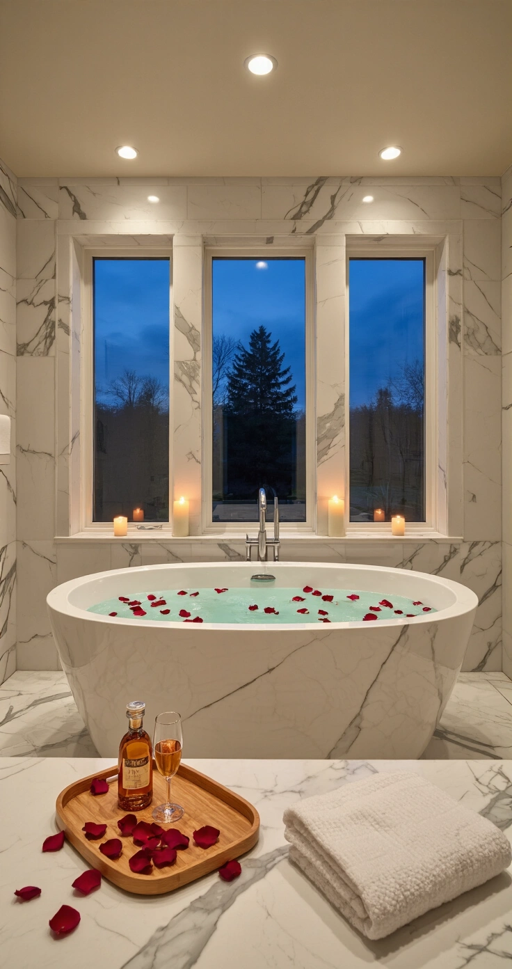 Romantic Gifts for Your Girlfriend: Ideas She'll Actually Love (Not Just Tolerate) A luxurious master bathroom styled as a spa retreat at twilight, featuring a freestanding oval soaking tub filled with rose petals, warm candlelight, and marble tiles, evoking an indulgent and serene atmosphere.