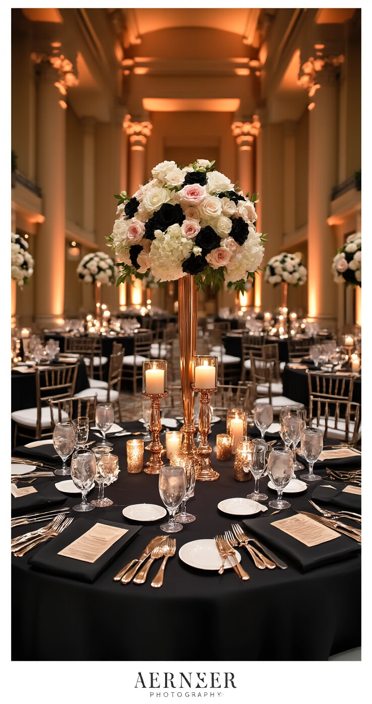 Rose Gold and Black Wedding Décor: The Complete Guide to Pulling Off This Stunning Color Palette A romantic evening wedding reception featuring a rose gold and black tablescape, with tall vases of cream and blush roses, polished rose gold chargers, and black linens under warm amber uplighting, all captured from a 45-degree angle.