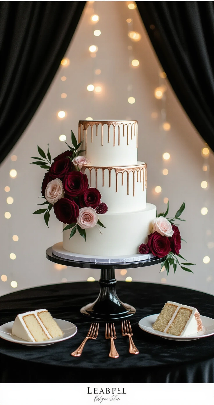 Rose Gold and Black Wedding Décor: The Complete Guide to Pulling Off This Stunning Color Palette A luxurious three-tier white wedding cake with rose gold drip details on a black marble stand, adorned with deep burgundy and blush florals, set against a dramatic black draping backdrop in a modern loft. The scene features rose gold dessert forks, styled cake slices on black velvet, and softly blurred string fairy lights, all illuminated by warm LED lighting, creating a moody and sophisticated atmosphere.