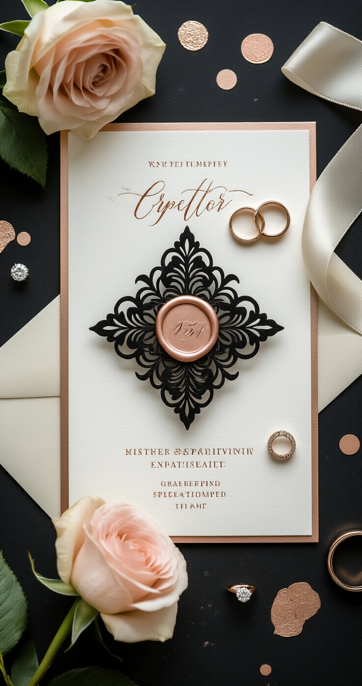Rose Gold and Black Wedding Décor: The Complete Guide to Pulling Off This Stunning Color Palette Close-up macro flat lay of rose gold and black wedding stationery on a matte black foam board, featuring an ornate black acrylic invitation with rose gold foil calligraphy, a blush wax seal, metallic confetti, a silk ivory ribbon, a raw-edge cream envelope, a single blush garden rose, and two diamond rings, one with a rose gold band, all under warm diffused lighting.