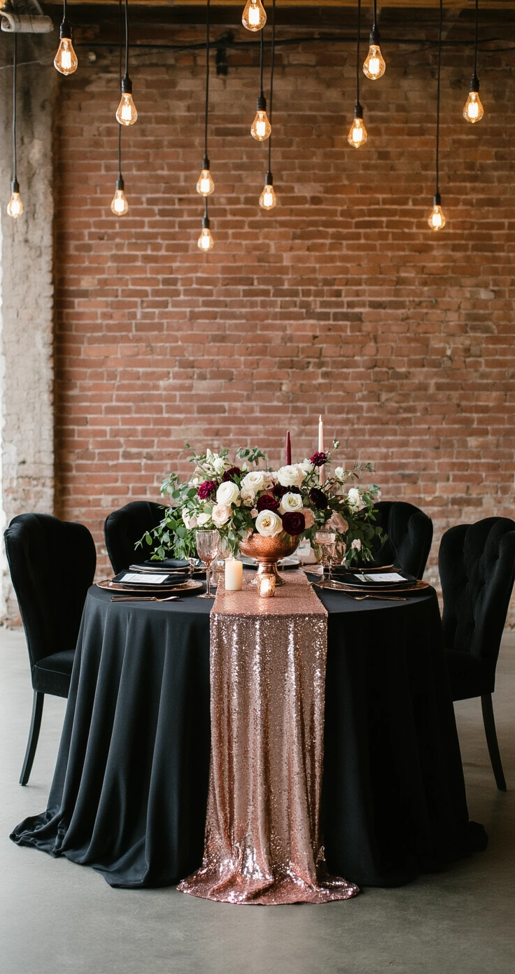 Rose Gold and Black Wedding Décor: The Complete Guide to Pulling Off This Stunning Color Palette A romantic sweetheart table setup in a moody industrial loft, featuring a black linen table with a rose gold sequin runner, ornate high-backed black velvet chairs, a mixed floral centerpiece with cream roses and burgundy blooms, and candles casting warm light under Edison bulb string lights, all set against exposed brick walls.