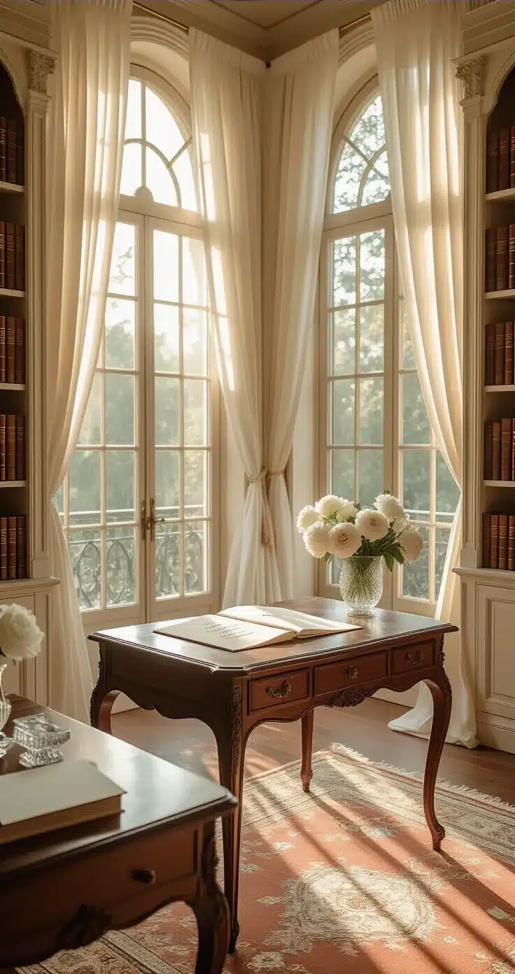 RSVP on a Wedding Card: Here's Exactly What It Means and Why It Matters A sunlit French-inspired study featuring a mahogany writing desk with a wedding invitation and fountain pen, surrounded by bookshelves and a Persian rug, enhanced by fresh white peonies in a crystal vase, all captured in warm golden light.