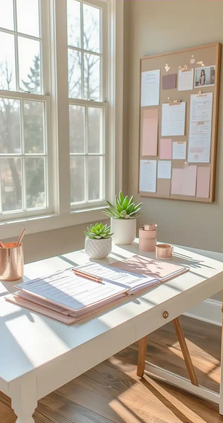 RSVP on a Wedding Card: Here's Exactly What It Means and Why It Matters A modern wedding planning workspace with a white lacquered desk, blush linen wedding binder, RSVP cards, a rose gold pen, washi tape in dusty mauve, and a small succulent, all under natural light from oversized windows, with warm greige walls and oak flooring.