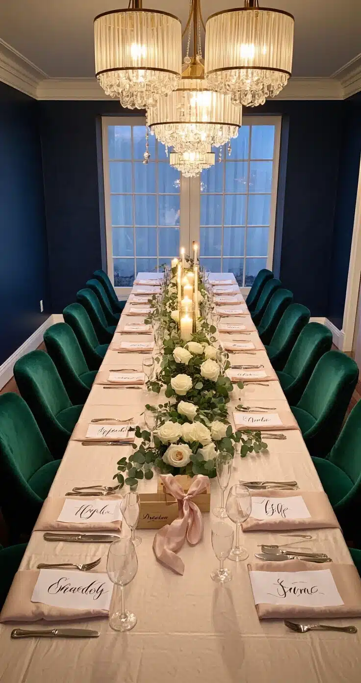 RSVP on a Wedding Card: Here's Exactly What It Means and Why It Matters An elegantly styled dining room at dusk, featuring a banquet table set with emerald velvet chairs, warm candlelight, and floral centerpieces, all against deep navy walls.