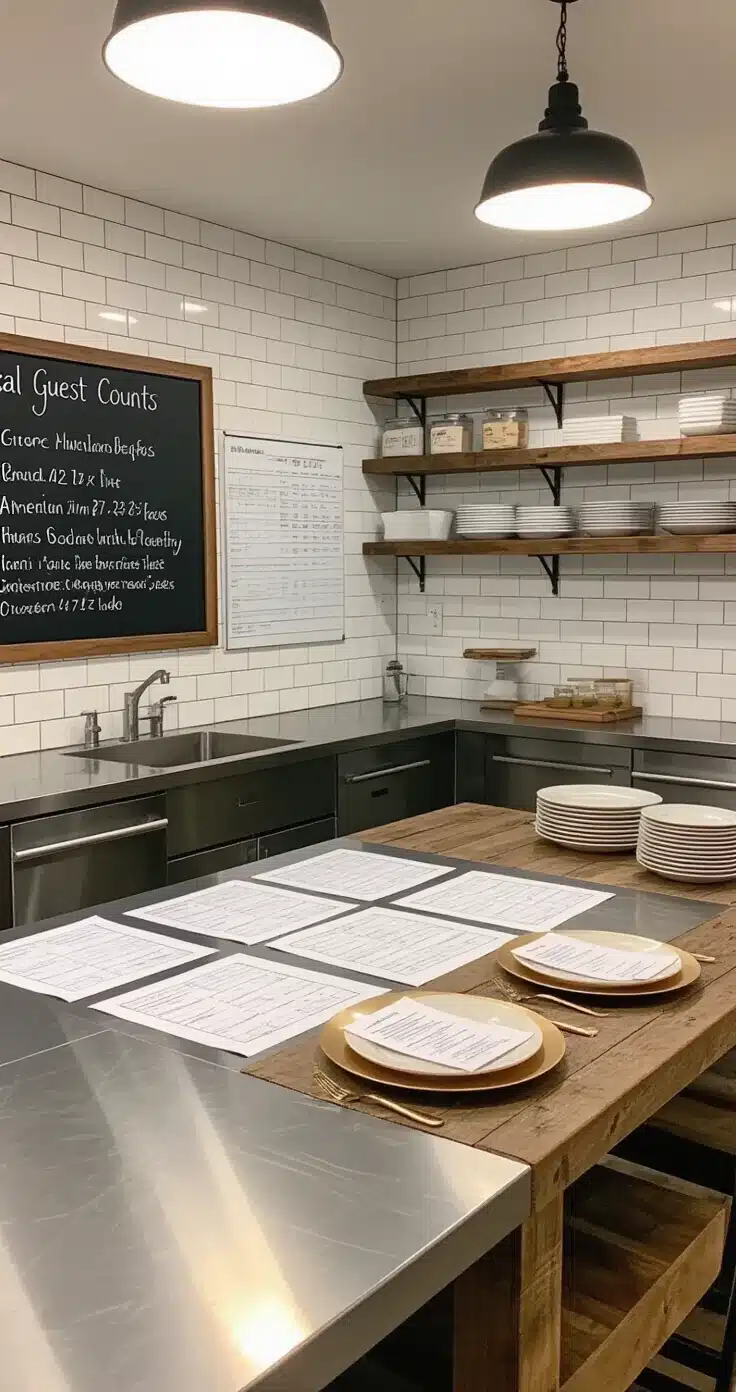 RSVP on a Wedding Card: Here's Exactly What It Means and Why It Matters A bright contemporary catering kitchen and event planning office hybrid, featuring a central stainless steel island with catering papers, a rustic farmhouse table with sample menu cards, and a chalkboard wall listing guest counts, all captured in a wide-angle view.