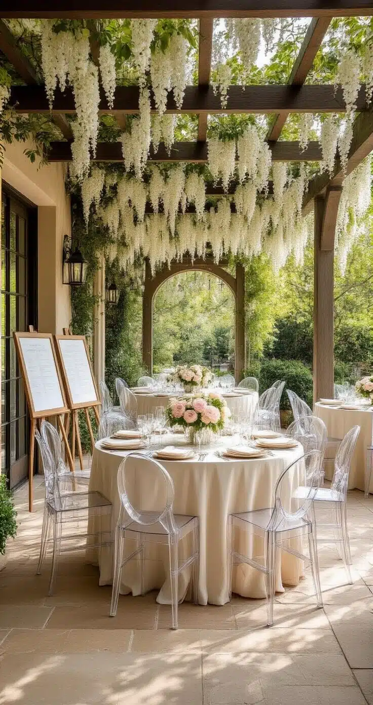 RSVP on a Wedding Card: Here's Exactly What It Means and Why It Matters Charming sun-drenched outdoor terrace with round tables dressed in ivory and champagne linens, tall glass vases filled with blush flowers, and clear acrylic chairs, all filtered through wisteria and accented by soft string lights.