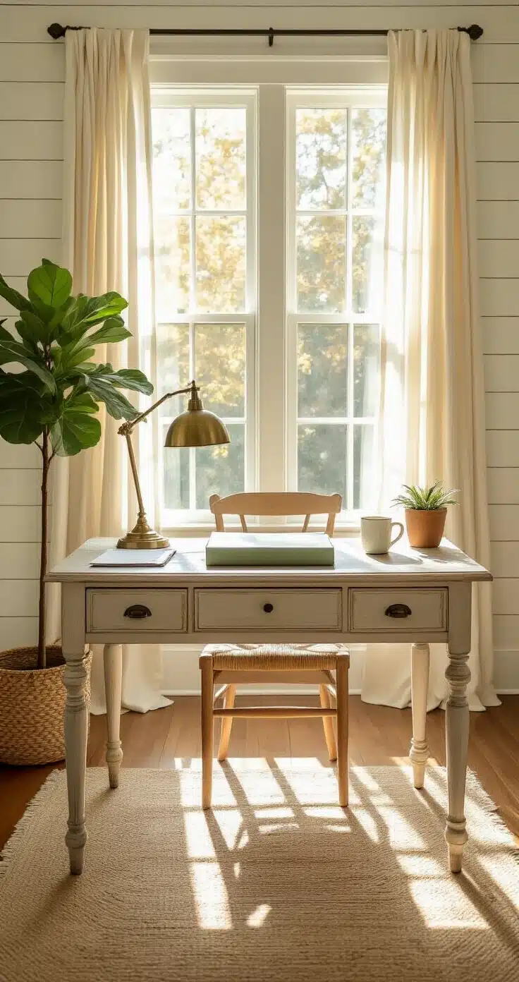 RSVP Reminder Messages That Actually Get Responses (Without the Awkwardness) A warm sunlit home office with white shiplap walls and oak hardwood floors, featuring a weathered antique writing desk near a large window with sheer linen curtains. The desk holds a sage green event planning binder, a brass lamp, a creamy white ceramic mug, and handwritten note cards, with a fiddle-leaf fig in a terracotta pot nearby. The scene is captured from a low angle, emphasizing a cozy and productive atmosphere.