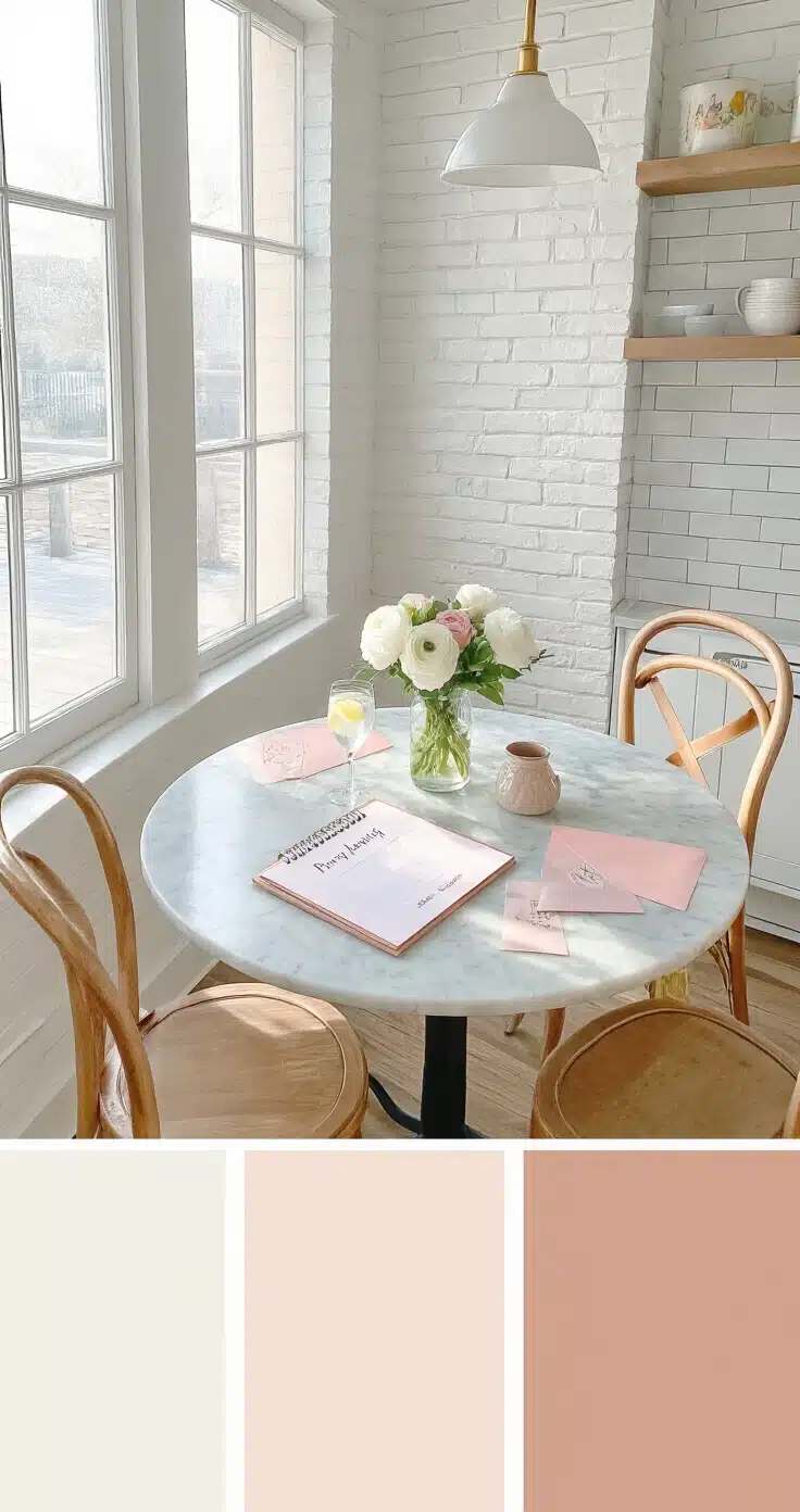 RSVP Reminder Messages That Actually Get Responses (Without the Awkwardness) A bright kitchen breakfast nook featuring a round marble-topped bistro table with a party planning notepad, a sparkling water glass, colorful RSVP envelopes, and a vase of white ranunculus, surrounded by bentwood chairs, illuminated by soft morning light.