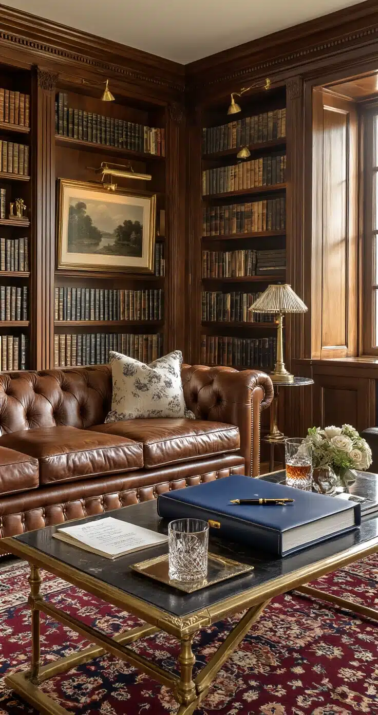 RSVP Reminder Messages That Actually Get Responses (Without the Awkwardness) A sophisticated home library study with dark walnut built-in bookshelves, a cognac tufted leather Chesterfield sofa, and a brass coffee table adorned with a navy leather binder, vintage fountain pen, crystal whiskey glass, and ivory correspondence cards, all bathed in warm late afternoon light.