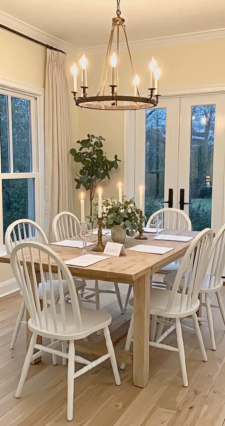 RSVP Reminder Messages That Actually Get Responses (Without the Awkwardness) A cozy dining room with cream plaster walls and wide-plank white oak floors, featuring a bleached oak farmhouse table adorned with a wedding guest list organizer, ivory place cards, pillar candles, eucalyptus sprigs, and a vintage brass taper holder. Antique white Windsor chairs surround the table under a warm-glowing dimmable chandelier with Edison bulbs, while warm oatmeal linen curtains frame the French doors leading to a dark garden. The scene is softly illuminated by evening candlelight, evoking a romantic and intimate atmosphere.