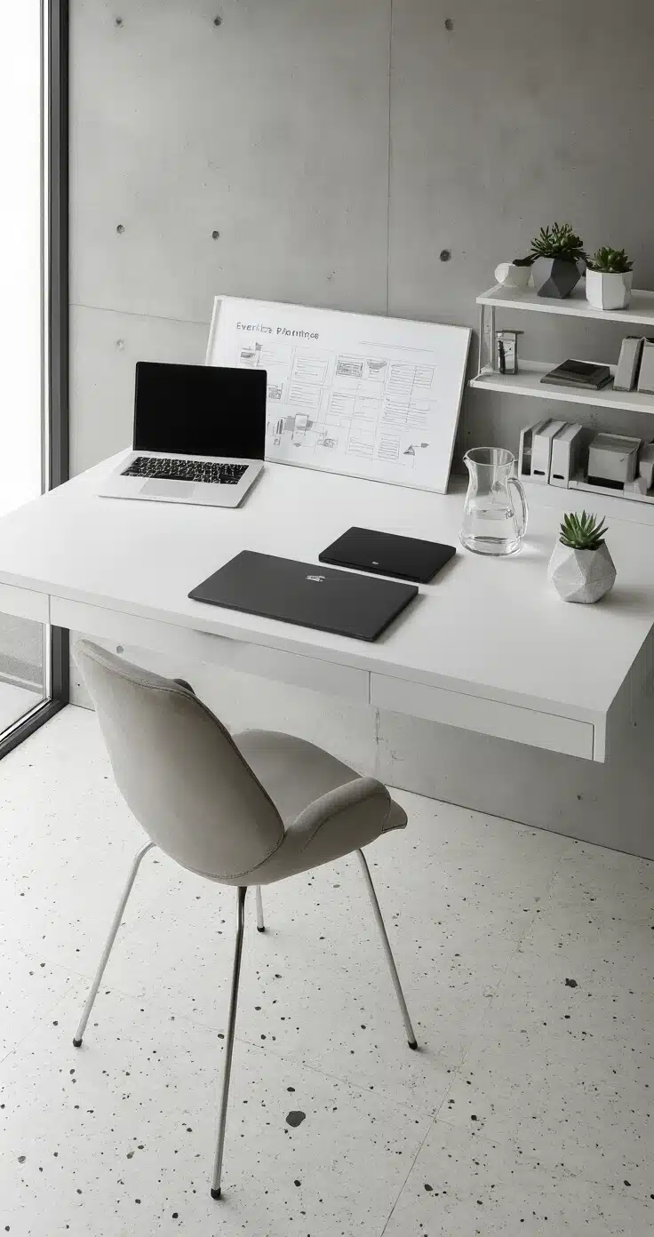 RSVP Reminder Messages That Actually Get Responses (Without the Awkwardness) A modern minimalist home office with floor-to-ceiling windows, featuring a sleek white lacquer floating desk, ergonomic dove grey chair, and concrete accent wall, all bathed in natural midday light.