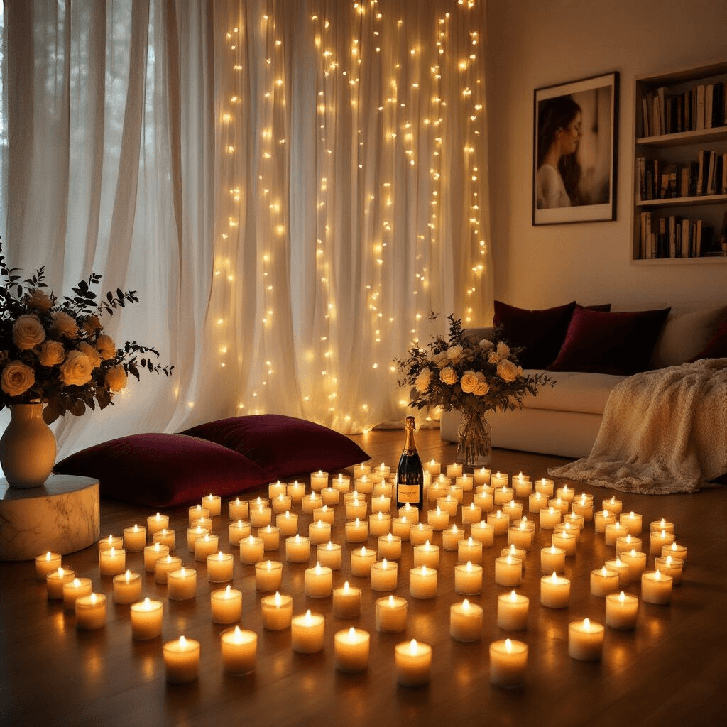 Proposal Ideas That Will Actually Make Them Say Yes (And Mean It) A cozy living room illuminated by hundreds of flickering LED tealights on the hardwood floor, surrounded by sheer white drapery and warm fairy lights, featuring a bouquet of cream roses on a marble table, intimate photographs hanging between bookshelves, and deep burgundy cushions, creating a warm and inviting atmosphere.