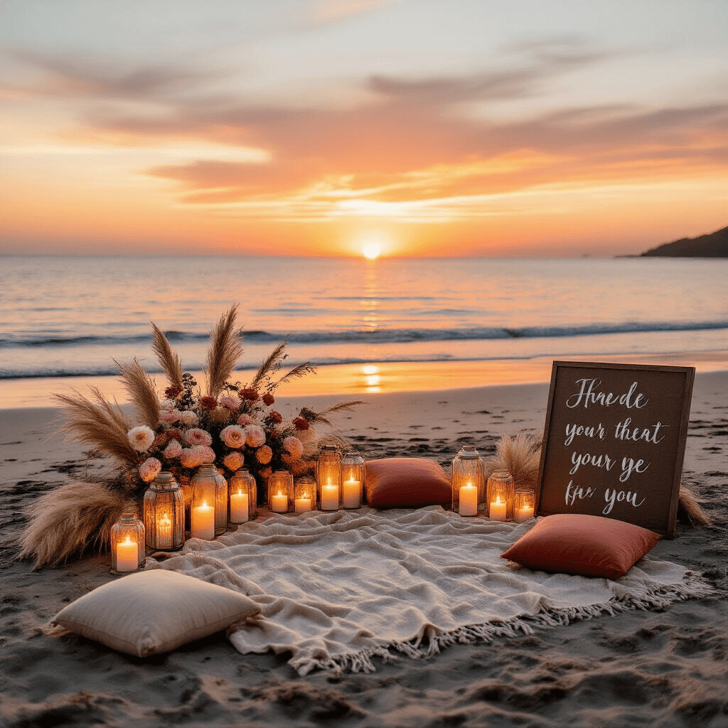 Proposal Ideas That Will Actually Make Them Say Yes (And Mean It) A golden hour beach proposal scene featuring a wide-angle view of the waterline, with an amber and rose-hued Pacific sunset reflected on wet sand. A semicircle of frosted glass lanterns and cream candles frames an oversized jute blanket adorned with terracotta cushions, complemented by a driftwood sign with hand-lettered script. Fresh blush peonies, pampas grass, and jasmine vine are artfully arranged nearby, all enveloped in soft, golden light and ocean mist.