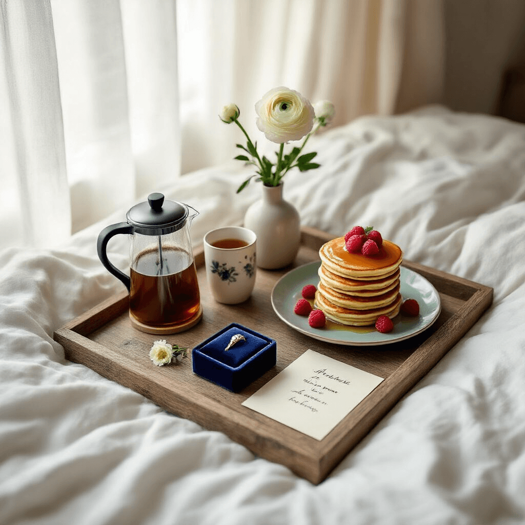 Proposal Ideas That Will Actually Make Them Say Yes (And Mean It) An overhead view of a romantic breakfast-in-bed proposal setup featuring a reclaimed oak tray with a French press, hand-painted espresso cups, a vase with a white ranunculus, a navy ring box, a handwritten note, fluffy buttermilk pancakes, raspberries, and edible flowers, all bathed in soft morning light.