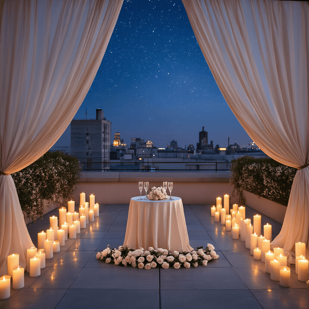 Proposal Ideas That Will Actually Make Them Say Yes (And Mean It) A romantic rooftop proposal setup at dusk, featuring a candlelit terrace adorned with sheer ivory drapery, clusters of pillar candles, and a small elegant table with crystal flutes and floral arrangements, beneath a starlit deep indigo sky.