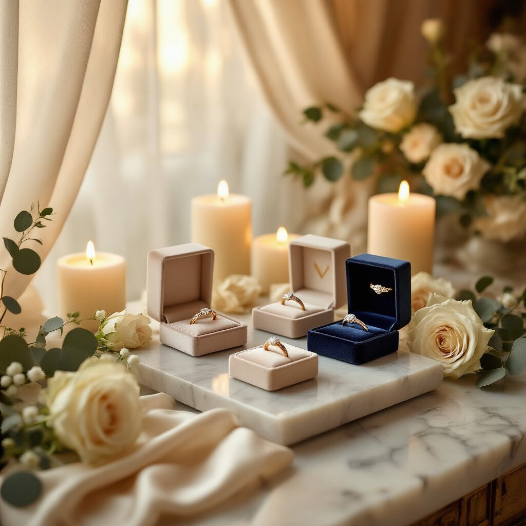 Wedding Rings: Everything You Need to Know Before You Buy Wide-angle cinematic shot of a romantic jewelry showcase in a softly lit boutique, featuring a marble-top display table with wedding rings in various metals, arranged in velvet boxes, framed by fresh garden roses and eucalyptus, and surrounded by glowing ivory candles.