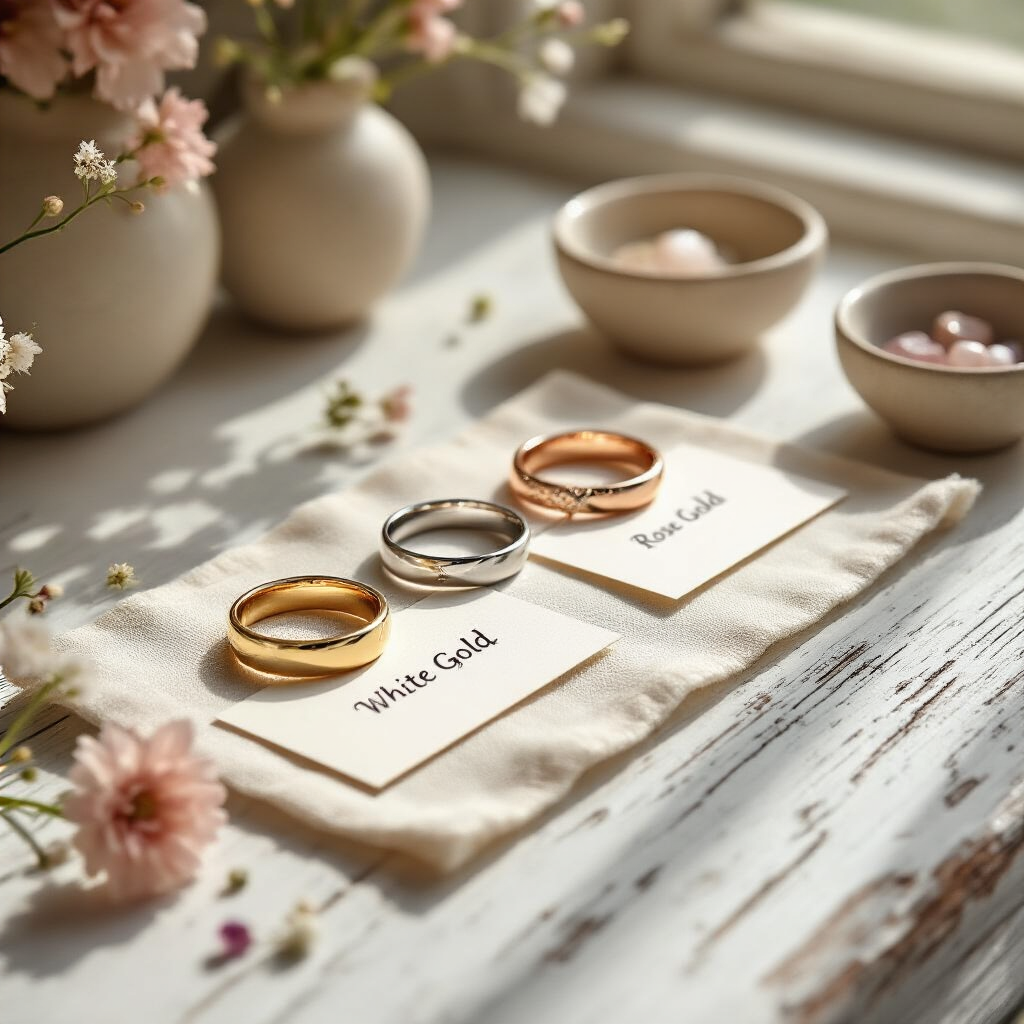 Wedding Rings: Everything You Need to Know Before You Buy Close-up of four rings—yellow gold, white gold, rose gold, and platinum—styled on a cream linen runner atop a weathered white oak surface, accompanied by handwritten labels and scattered micro florals, bathed in soft morning light.