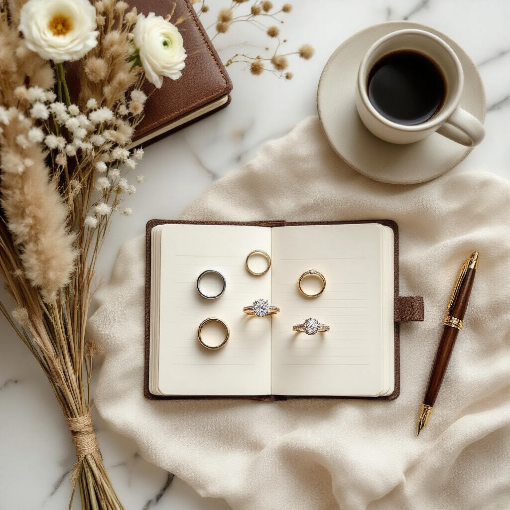 Wedding Rings: Everything You Need to Know Before You Buy Overhead flat lay of a wedding ring budgeting scene on a marble countertop, featuring rings at various price points on a cream linen base, surrounded by a leather-bound planner, a gold fountain pen, a dried flower bouquet, and a ceramic espresso cup, all in ivory, warm gold, and sage green tones.
