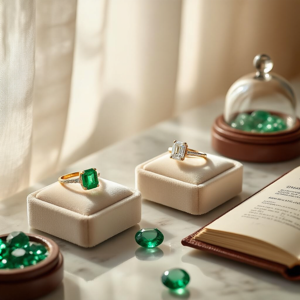 Emerald Engagement Rings: What They Cost, What They Mean, and How to Pick the Right One Wide-angle shot of a jewelry consultation scene featuring two emerald rings on a marble countertop, bathed in soft morning light. One ring has a Colombian emerald in a gold setting, the other an emerald-cut diamond in platinum, all displayed on ivory velvet cushions with scattered loose gemstones. An open leather-bound guide lies next to polished glass domes, creating a luxe, sophisticated atmosphere.