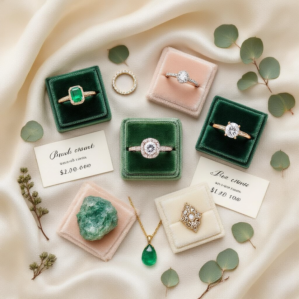 Emerald Engagement Rings: What They Cost, What They Mean, and How to Pick the Right One Overhead flat-lay of an emerald engagement ring display on cream silk, featuring various ring styles in an arc on velvet swatches, with handwritten price cards, a lab-grown emerald pendant, rough emerald crystal, and delicate eucalyptus sprigs, all in soft studio lighting.