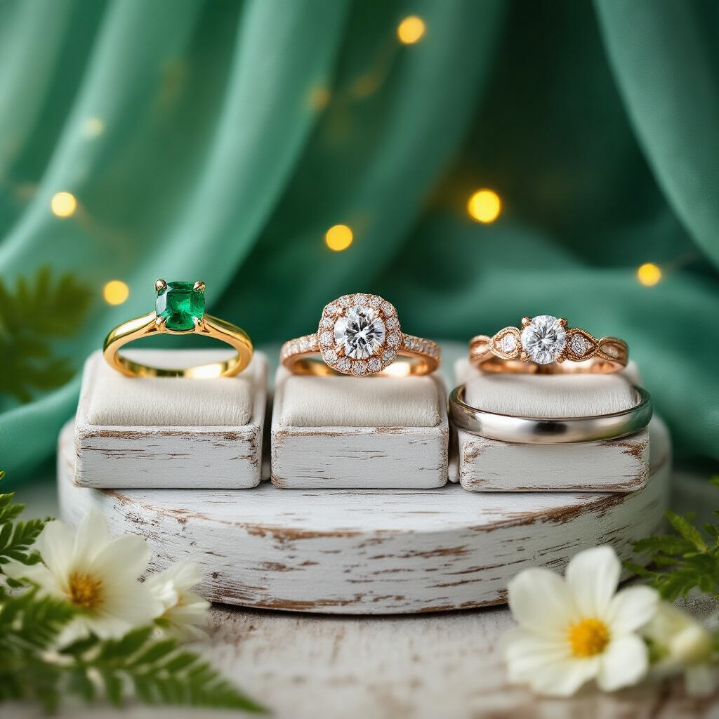 Emerald Engagement Rings: What They Cost, What They Mean, and How to Pick the Right One Close-up detail of five distinct emerald engagement rings on a weathered white oak holder, set against emerald-green drapery with soft fairy lights. The rings include a yellow gold solitaire, a rose gold diamond halo, a white gold three-stone, an ornate Art Deco band, and a brushed platinum east-west bezel, surrounded by fresh gardenias and maidenhair fern. The romantic color palette features champagne gold, blush rose, forest green, and cool platinum silver.