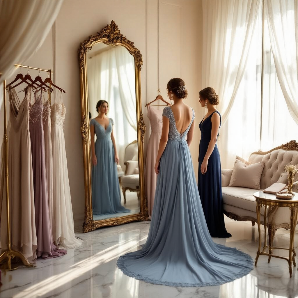Mother of the Bride Dresses: How to Find the One That Makes You Feel Like a Million Dollars A warm, cinematic bridal boutique scene at golden hour, featuring an elegant mother-of-the-bride in a dusty blue gown before an antique mirror, surrounded by various gowns and luxurious accessories, with sunlight enhancing the textures of fabrics and polished marble floors.
