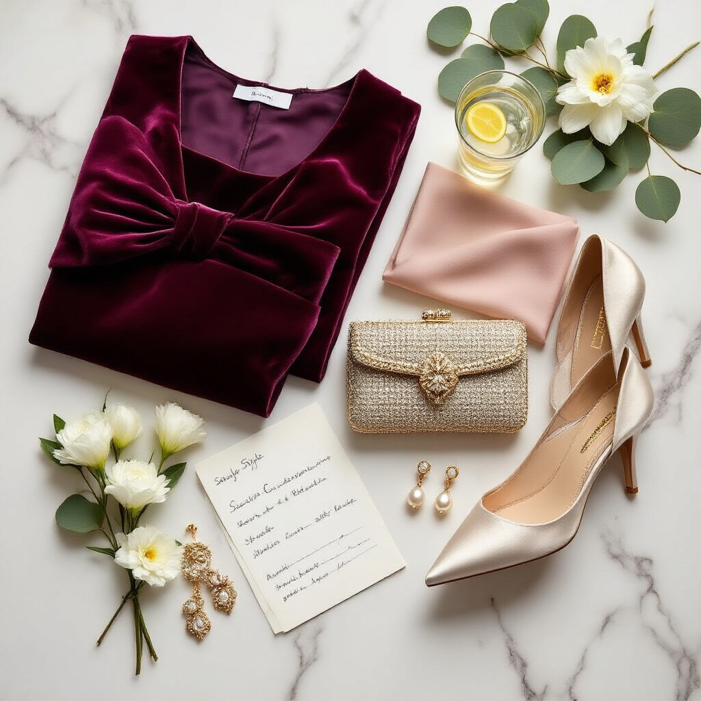Mother of the Bride Dresses: How to Find the One That Makes You Feel Like a Million Dollars A flat lay of a burgundy velvet gown, fabric swatches, and polished accessories including a beaded clutch and pearl earrings on a marble surface, framed by gardenias and eucalyptus in soft morning light.