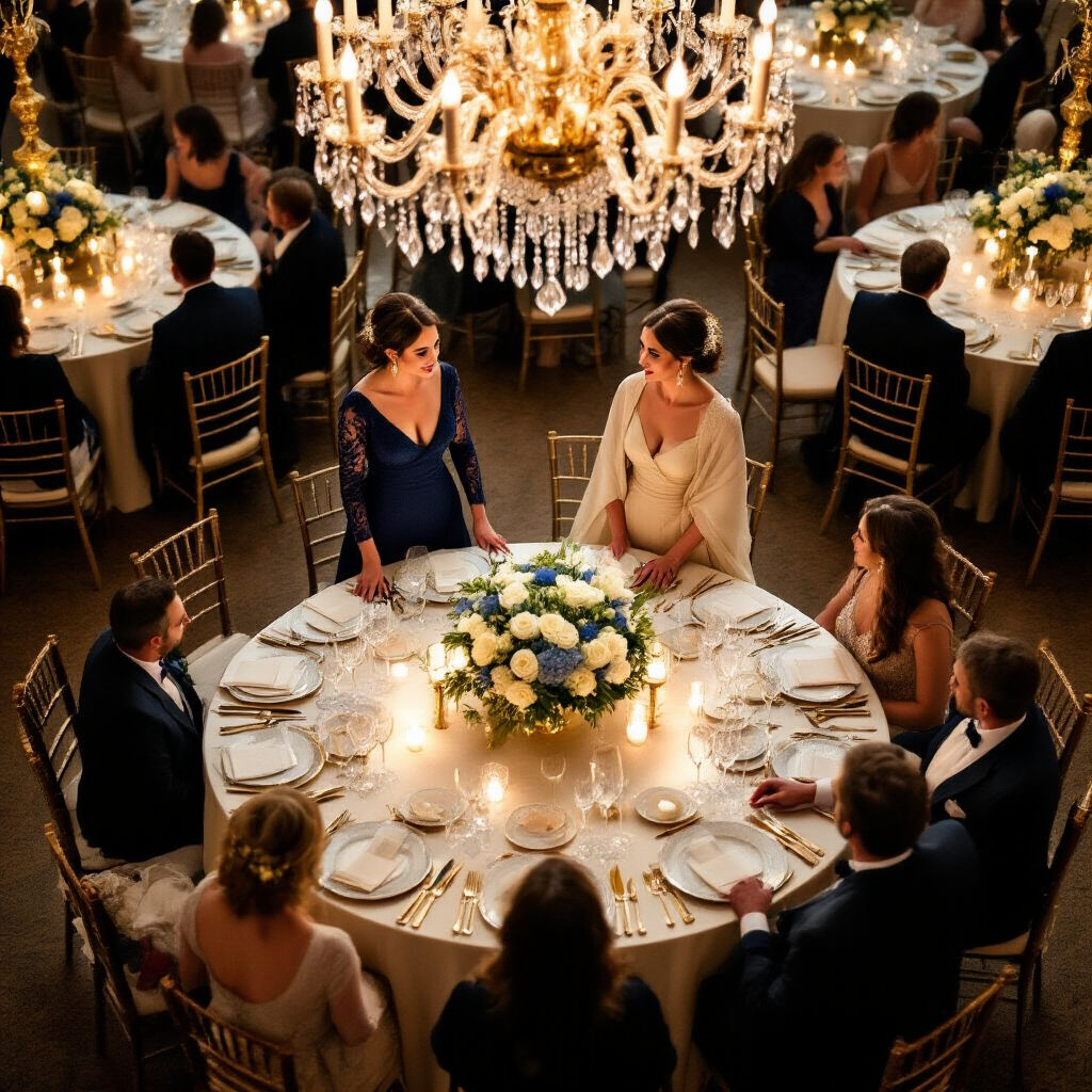 Mother of the Bride Dresses: How to Find the One That Makes You Feel Like a Million Dollars Aerial view of an elegant wedding reception with candlelit tables draped in ivory silk, featuring two women in formal attire at the head table, surrounded by floral centerpieces and gleaming china.