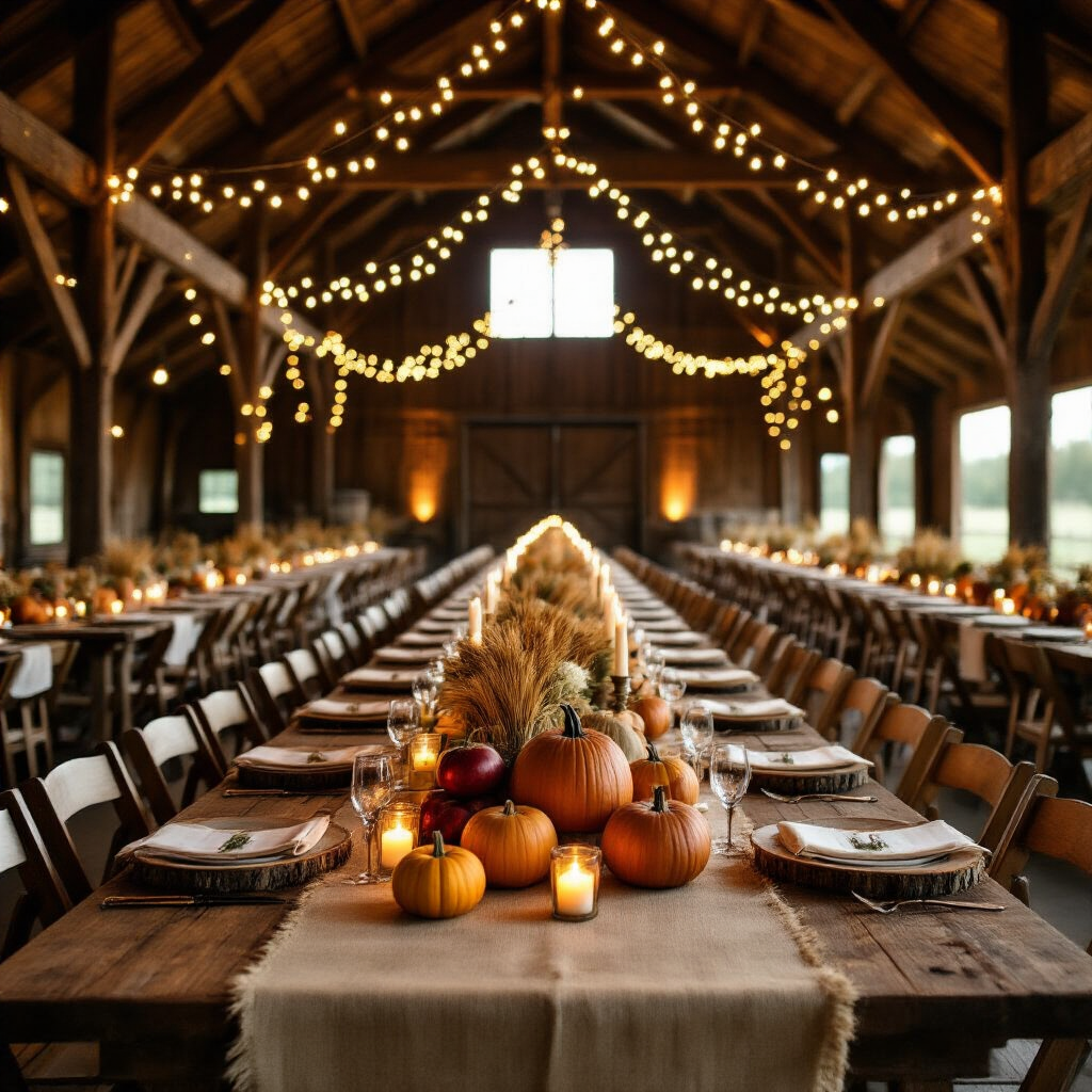 Fall Wedding Decor: The Complete Guide to Styling an Unforgettable Autumn Celebration A cozy and romantic rustic barn wedding reception, featuring candlelit tables adorned with burlap and linen, wooden crate centerpieces overflowing with autumn harvest, warm amber fairy lights draping from timber beams, and inviting hay bales in the corners.