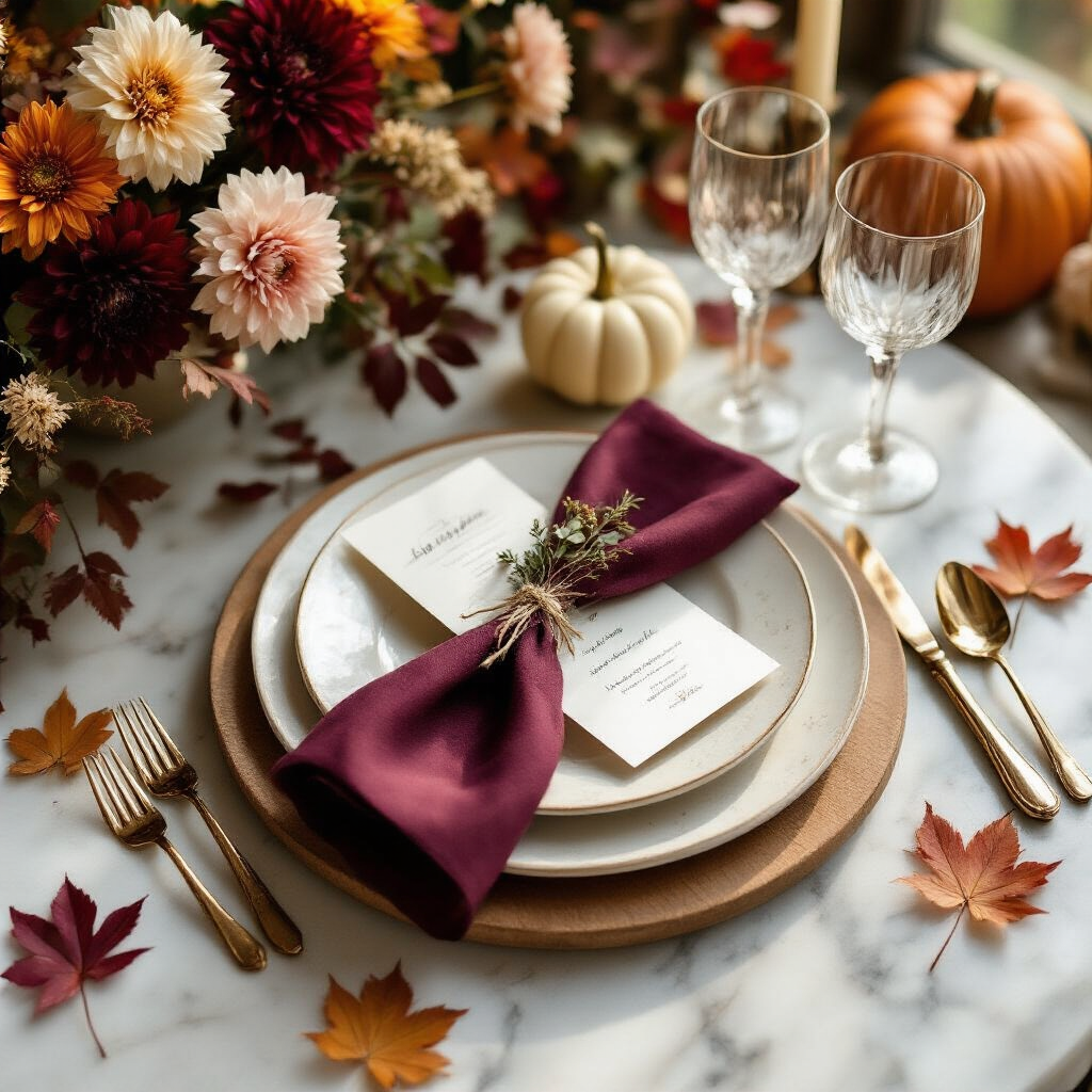Fall Wedding Decor: The Complete Guide to Styling an Unforgettable Autumn Celebration Flat-lay photograph of an elegant fall wedding tablescape featuring a marble-effect table surface with a wooden charger plate, ivory ceramic dinnerware, a burgundy linen napkin tied with twine and eucalyptus, a handwritten place card with a mini white pumpkin, and a crystal wine glass. Surrounding elements include scattered preserved maple leaves, dahlia blooms in deep plum and terracotta, pine cones, and votives in mercury glass, all illuminated by soft golden hour light.