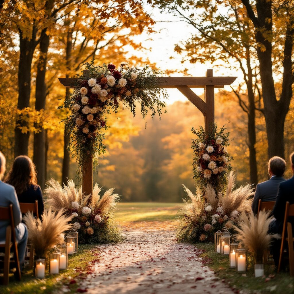 Fall Wedding Decor: The Complete Guide to Styling an Unforgettable Autumn Celebration Cinematic wide-angle shot of a beautifully decorated enchanted forest wedding ceremony during golden hour, featuring a handcrafted wooden arch adorned with autumn florals, suspended lanterns, and a romantic aisle lined with candles and mini gourds amidst vibrant fall foliage.