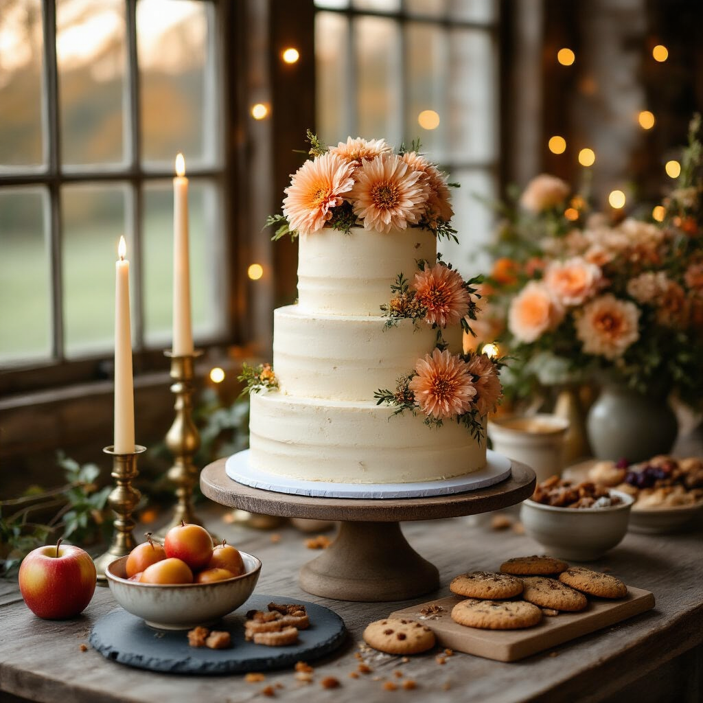 Fall Wedding Decor: The Complete Guide to Styling an Unforgettable Autumn Celebration Close-up detail of a fall wedding dessert display featuring a three-tiered naked cake with ivory buttercream and edible florals, surrounded by brass candle holders, caramel-dipped apples, spiced cookies, and cinnamon sticks, against a backdrop of sheer ivory drapery and a foliage garland, illuminated by warm fairy lights and natural light.