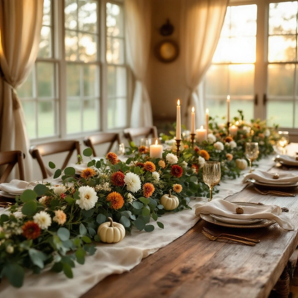 Thanksgiving Garland Ideas That Actually Look Good (Without Breaking the Bank) Wide-angle shot of a warmly lit farmhouse dining room at golden hour, featuring a long reclaimed wood table adorned with a lush eucalyptus and ranunculus garland, cushion mums, mini pumpkins, and strawflowers. Soft light filters through sheer curtains, illuminating antique brass votive candles and terracotta silk napkins on aged ceramic plates, creating an intimate, harvest-themed setting for a Thanksgiving gathering.