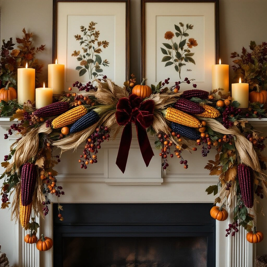 Thanksgiving Garland Ideas That Actually Look Good (Without Breaking the Bank) Overhead flat-lay of a cozy living room mantel adorned with a classic harvest garland, featuring Indian corn tied with jute twine and velvet ribbon bows. Pillar candles glow warmly alongside seasonal botanical prints, with terracotta pumpkins nestled in the garland. The rich color palette includes deep gold, rust, brown, and forest green against aged white-painted brick, showcasing textured elements like jute, velvet, and dried corn husks.