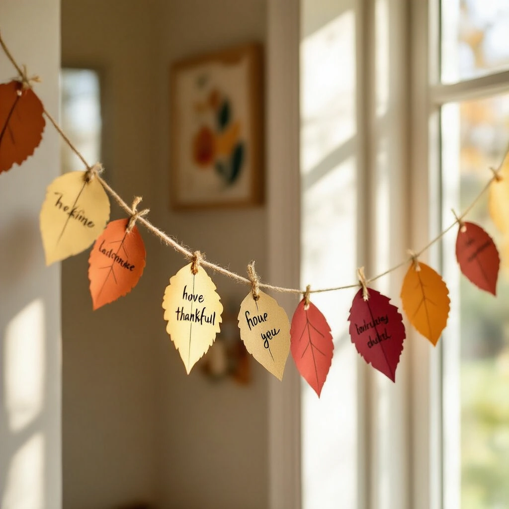 Thanksgiving Garland Ideas That Actually Look Good (Without Breaking the Bank) Close-up of a whimsical paper thankful leaf garland made of gold, burnt orange, ochre, and cranberry red cardstock leaves, hand-lettered with gratitude notes in black ink. The garland hangs from natural twine in a bright kitchen doorway, illuminated by soft midday light. A small basket of extra blank leaves and markers sits on a nearby stool. Blurred warm neutral wall art in the background adds to the joyful and sentimental mood.