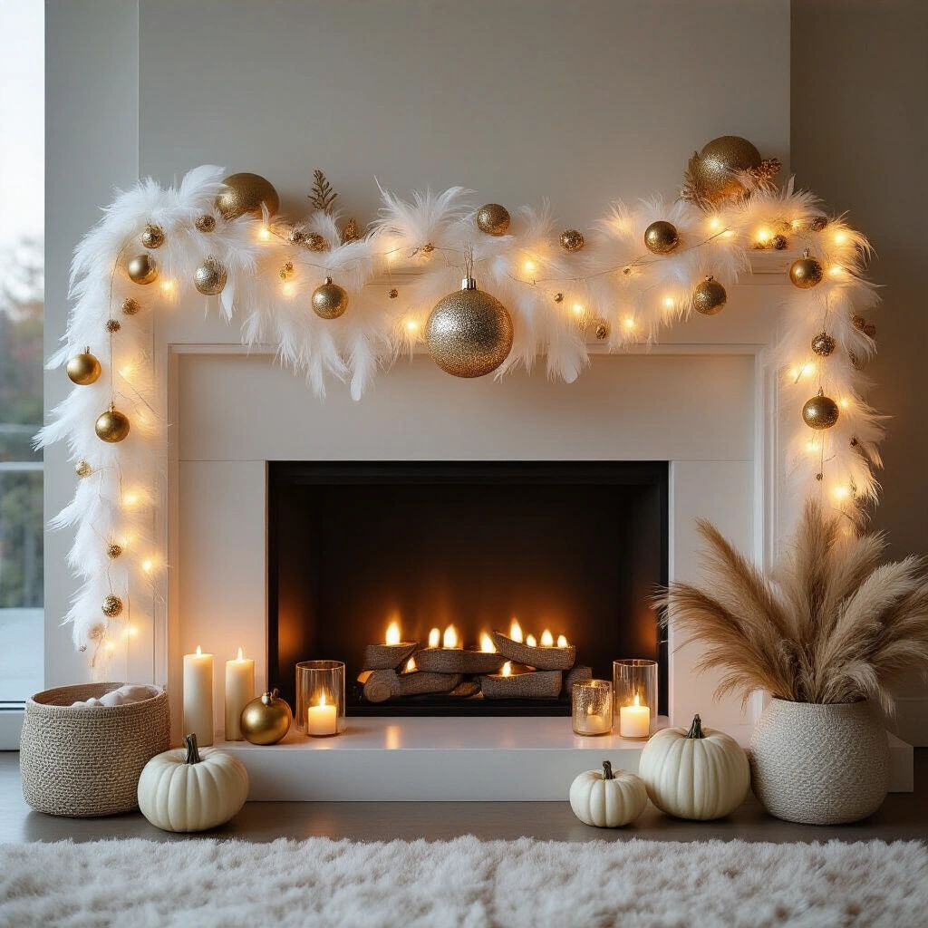 Thanksgiving Garland Ideas That Actually Look Good (Without Breaking the Bank) Cinematic wide shot of a chic modern apartment living space styled for a glamorous Friendsgiving at twilight, featuring a sleek white fireplace adorned with a white feather garland and metallic ornaments, illuminated by warm fairy lights. The mantel is styled with minimalist ivory candles, a sculptural white gourd, and decorative glass vessels filled with pampas, all set in a luxurious champagne and gold color palette.