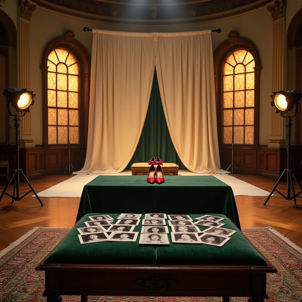 Judy Garland and The Wizard of Oz: The Role That Changed Everything A grand 1930s Hollywood studio ballroom set for a Wizard of Oz casting audition, featuring a vintage oak casting director's table draped in forest green velvet, scattered MGM headshots, and a spotlight illuminating child-sized ruby slippers on a velvet cushion, with warm lighting casting dramatic shadows across mahogany floors.