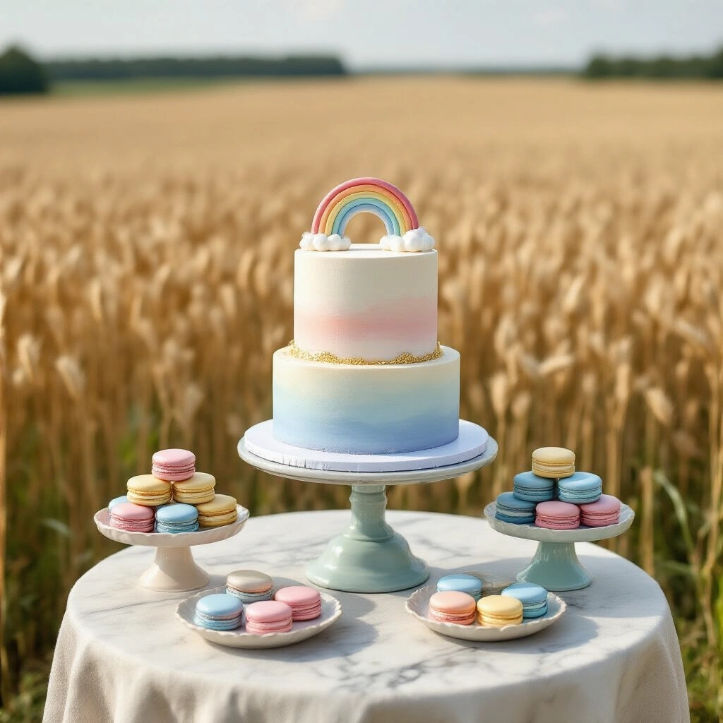 Judy Garland and The Wizard of Oz: The Role That Changed Everything A dreamy dessert table styled with sun-bleached ivory and pale cerulean linens, featuring a three-tiered watercolor cake topped with sugar rainbows, surrounded by rainbow macarons, cotton candy cones, and decorative elements like vintage sheet music, pressed wildflowers, and lace doilies.