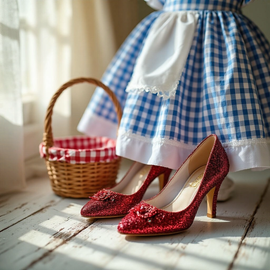 Judy Garland and The Wizard of Oz: The Role That Changed Everything Close-up of a Dorothy Gale costume flat lay featuring a blue and white gingham dress with a white organza pinafore, ruby red crystal-encrusted heels, a small wicker basket with a red-checked liner and a plush Cairn Terrier, and white satin hair ribbons, all arranged on weathered wood and bathed in soft morning light.